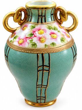 Vase-07--Antique Nippon Hand Painted Porcelain Vase Japan Floral Gold Two Handle